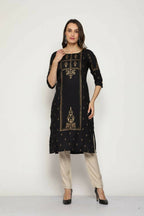 Maai Rayon Hand Printed Kurta Black | Grocsy