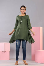 Juniper Women Olive Rayon Solid Asymmetric Kurta | Grocsy