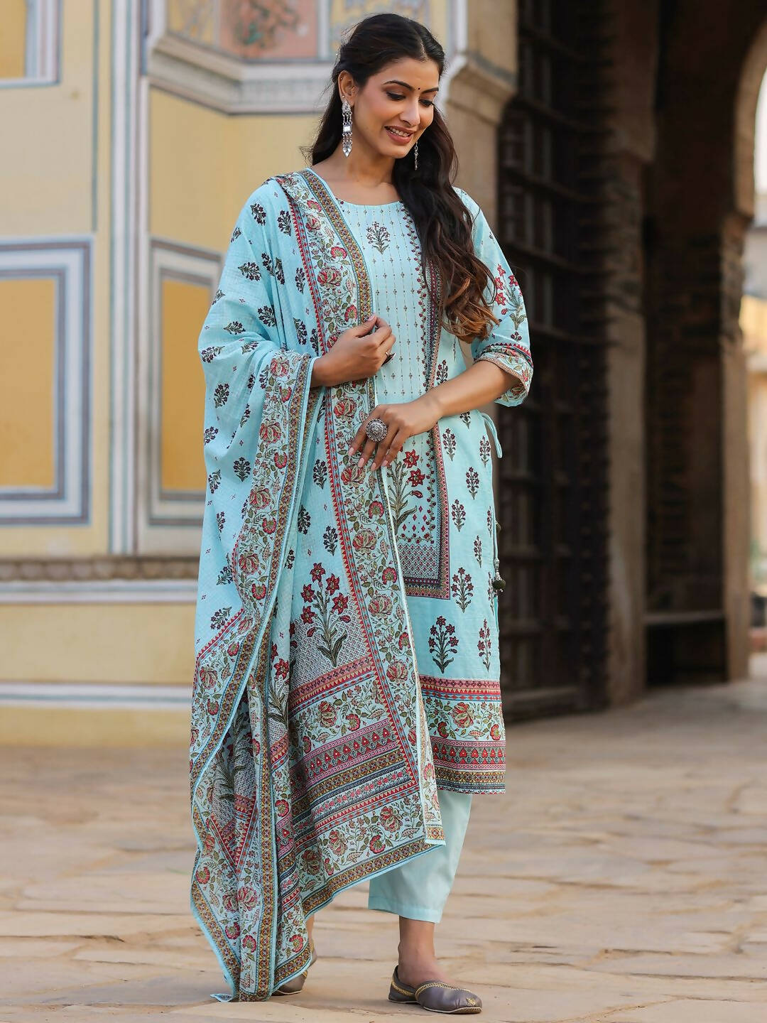 Juniper Women's Skyblue Cambric Floral Placement Printed Straight Fit Kurta Sets | Grocsy