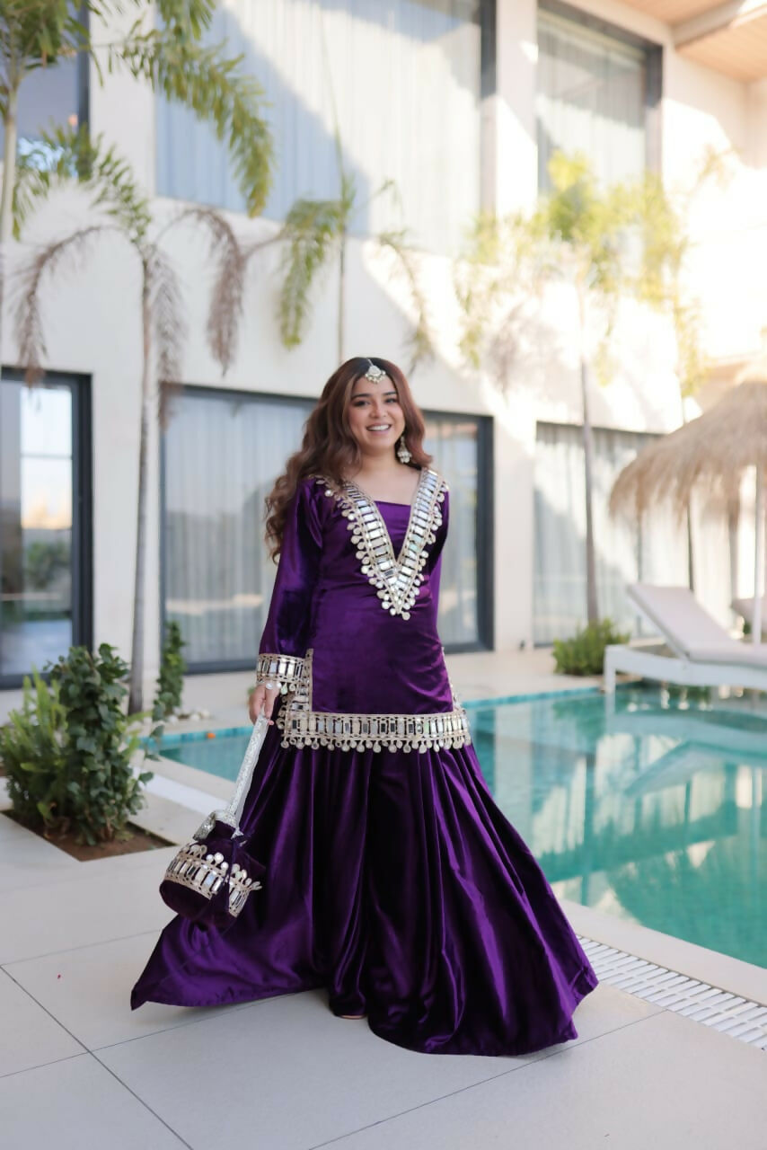 Joban Fashion Purple Kurta Set Velvet Embroidery Sequence Work | Grocsy