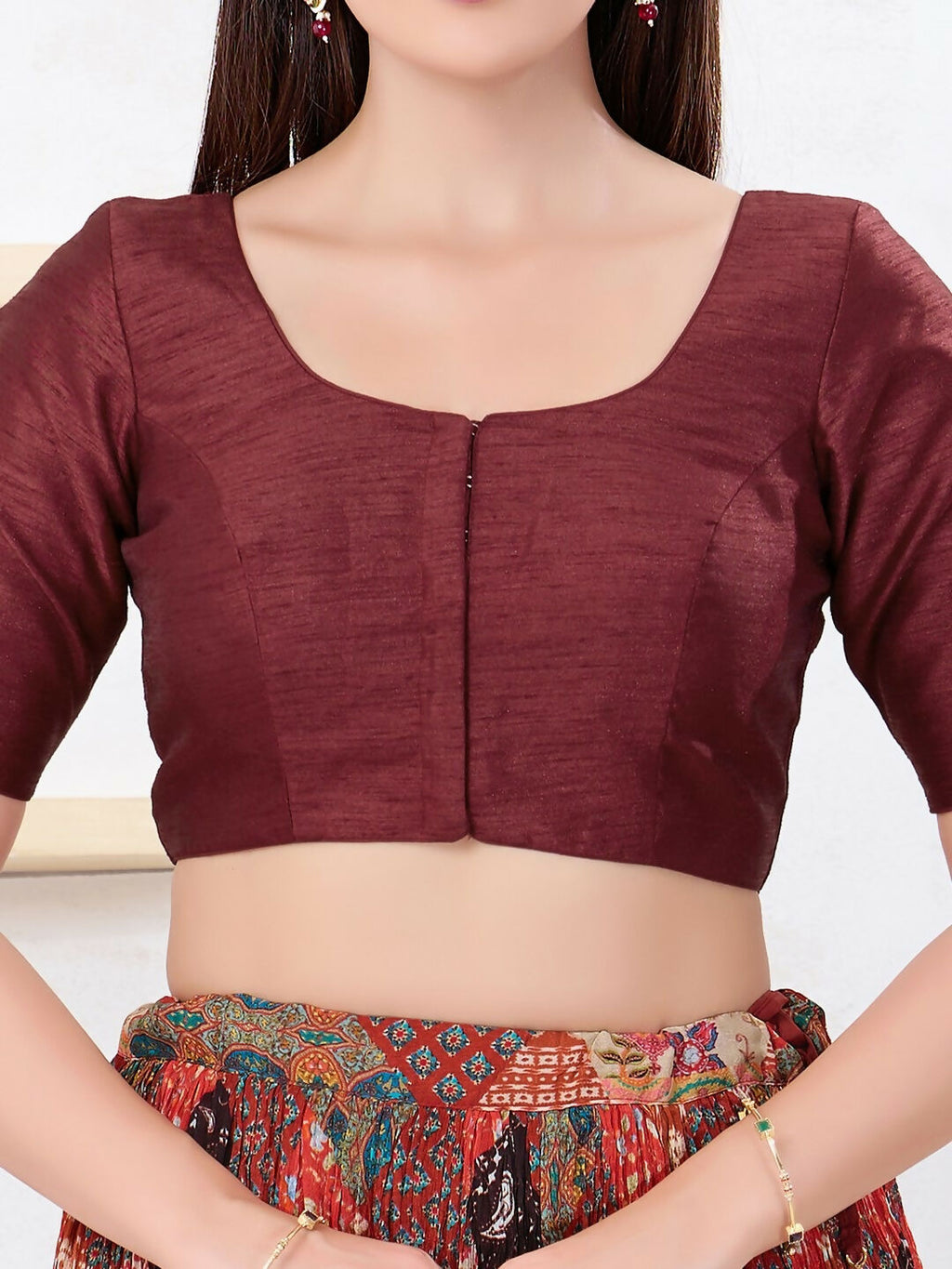 Joban Fashion Maroon Dupion Silk Elbow Sleeveless Front Open Blouse | Grocsy