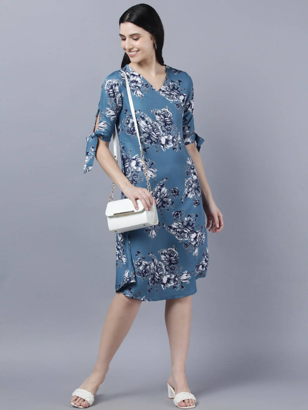 Myshka Women Teal Blue Grey Printed A-line Dress | Grocsy
