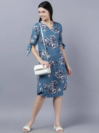 Myshka Women Teal Blue Grey Printed A-line Dress | Grocsy