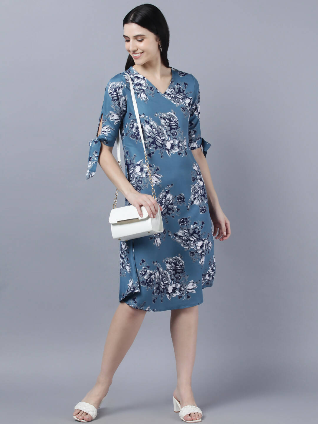 Myshka Women Teal Blue Grey Printed A-line Dress | Grocsy
