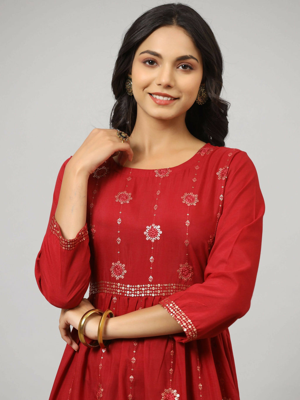 Juniper Women's Maroon Festive Printed Flared Dress | Grocsy