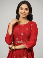 Juniper Women's Maroon Festive Printed Flared Dress | Grocsy