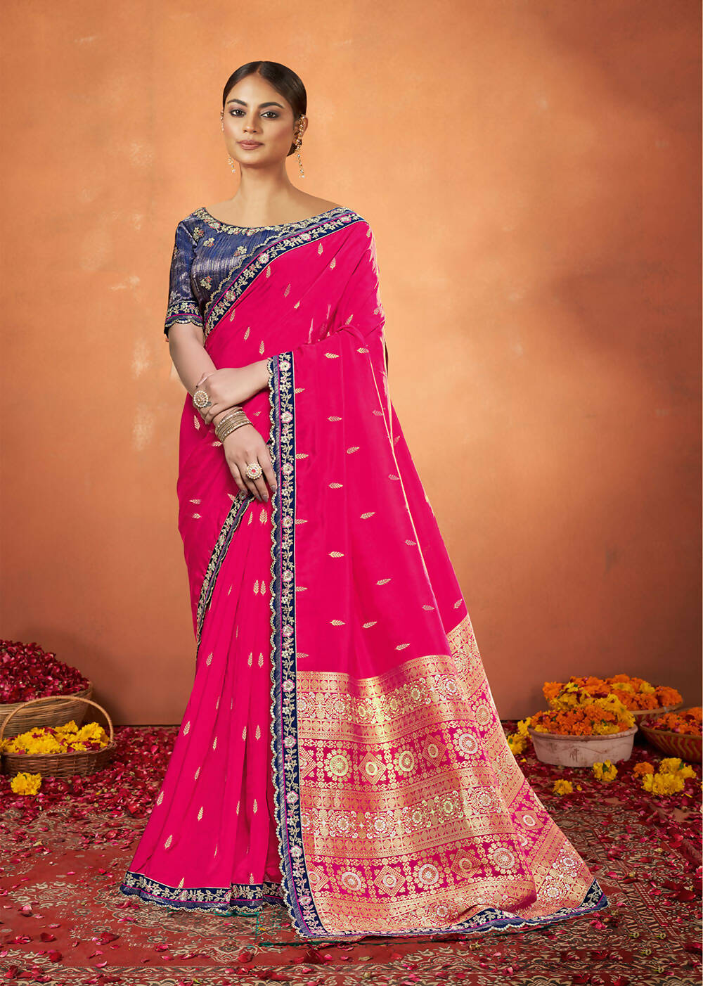 Pink Pure Viscose Weaved Silk Woven Design Saree With Unstitched Blouse Piece - Norita Royal Pradha | Grocsy
