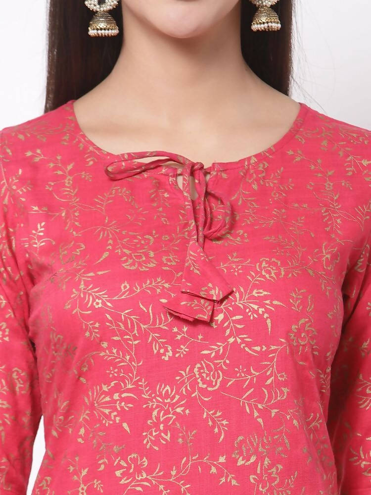 Myshka Women's Pink Rayon Printed Regular Sleeves Round Neck Casual Kurta | Grocsy