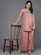 Ahalyaa Women Floral Yoke Design Tunic with Palazzos - Pink Color | Grocsy