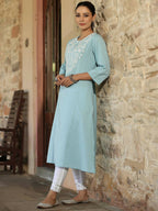 Juniper Women's Blue Cotton Flex Embroidered Straight Kurta | Grocsy