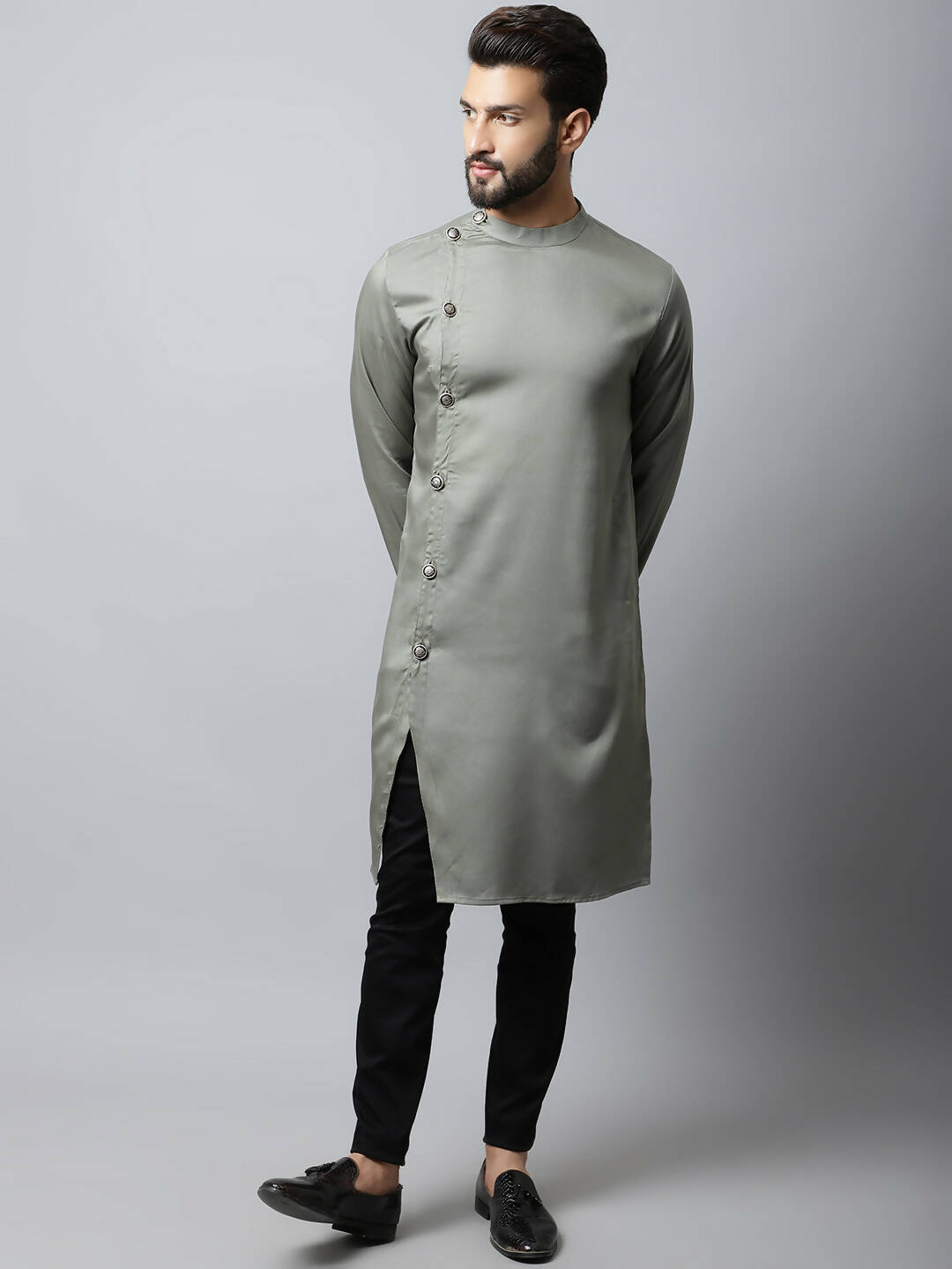 Even Apparels Grey Color Pure Cotton Sherwani Men's Kurta With Asymetrical Cut (SLD1181) | Grocsy