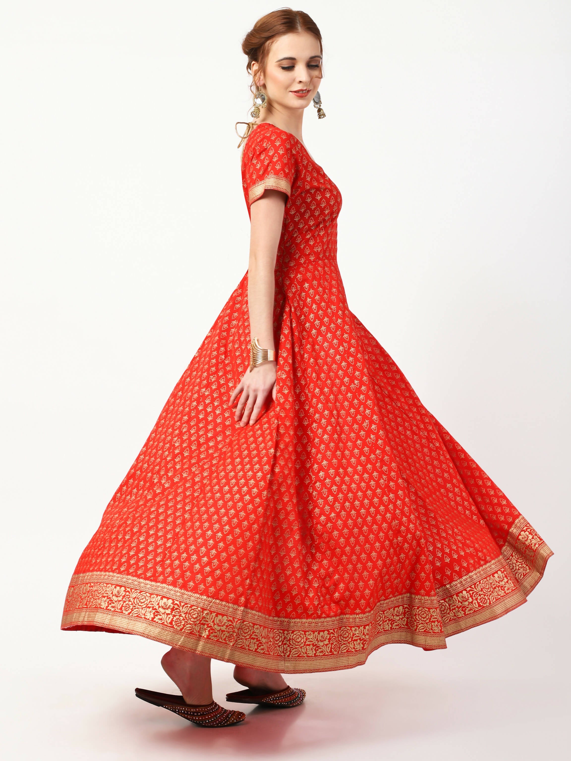 Cheera Women's Red Cotton Hand Block Print Long Dress With Silk Dupatta Set | Grocsy