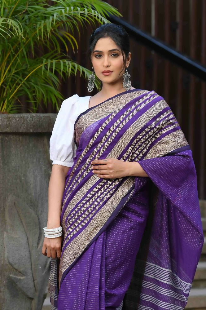 Beatitude Violet Cotton Handloom Saree | Grocsy