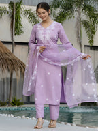 The52 Lavender Women's Beautiful Thread work Rayon Fabric with Straight Kurta, Pant and Dupatta Set | Grocsy