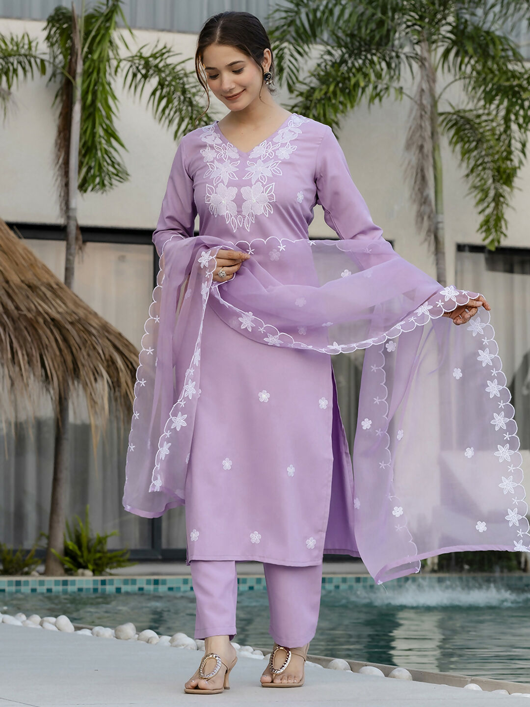 The52 Lavender Women's Beautiful Thread work Rayon Fabric with Straight Kurta, Pant and Dupatta Set | Grocsy