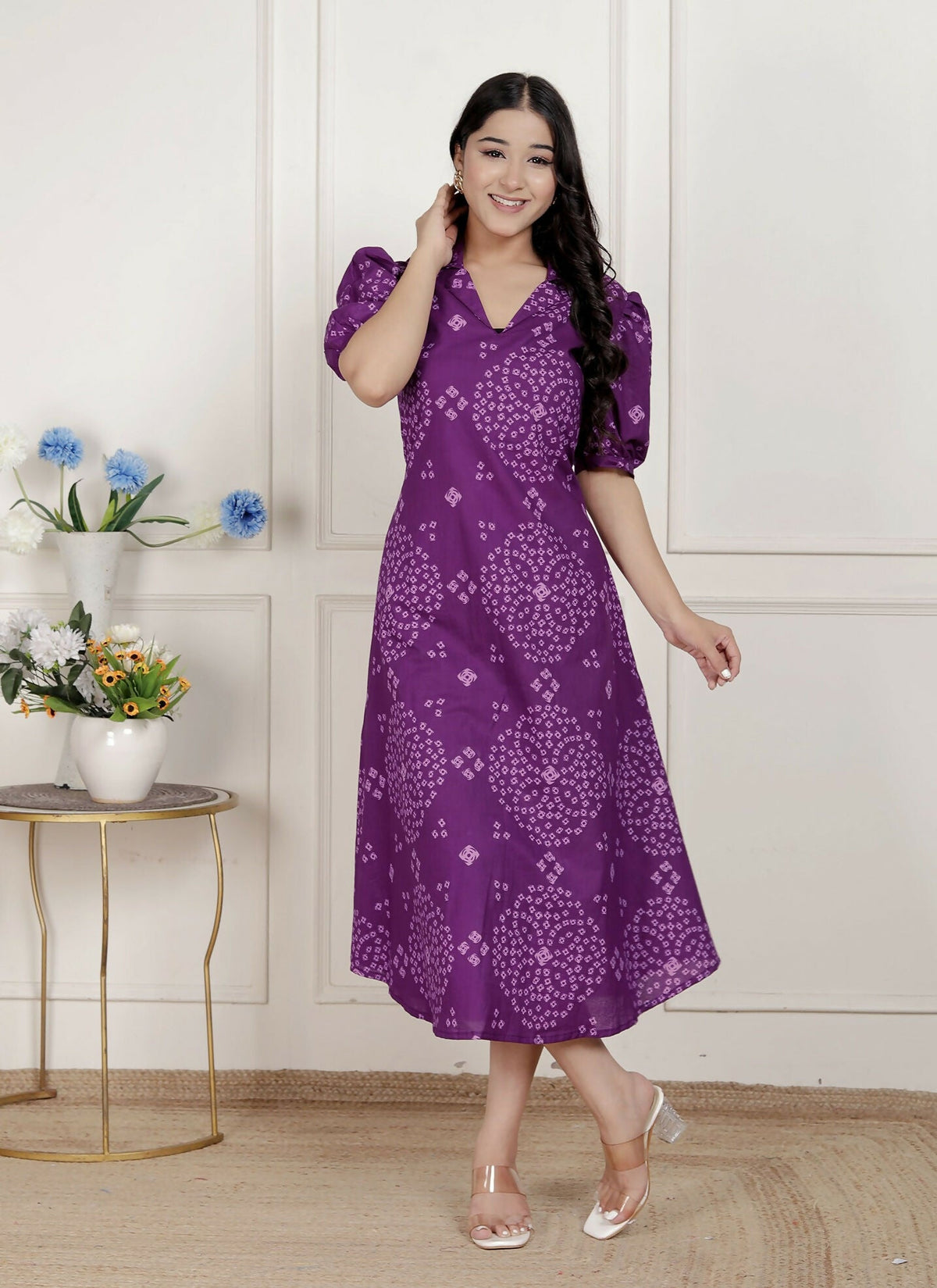 Miravan Womens Purple Bandhani Printed A-Line Maxi Dress | Grocsy
