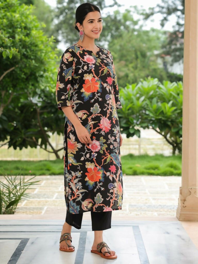 Aramya Straight Soft Cotton Floral Print Women's Kurta - Black | Grocsy