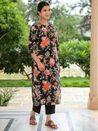 Aramya Straight Soft Cotton Floral Print Women's Kurta - Black | Grocsy