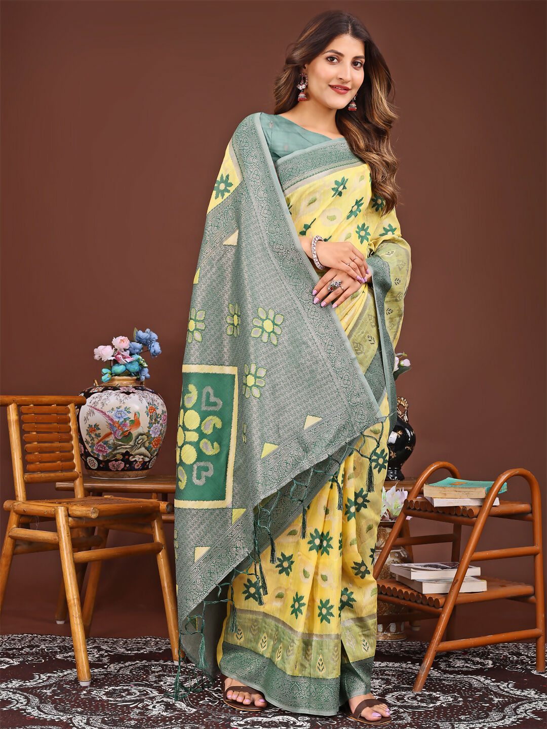 Shree Shyam Fashion Sajni Yellow Linen Cotton Saree | Grocsy