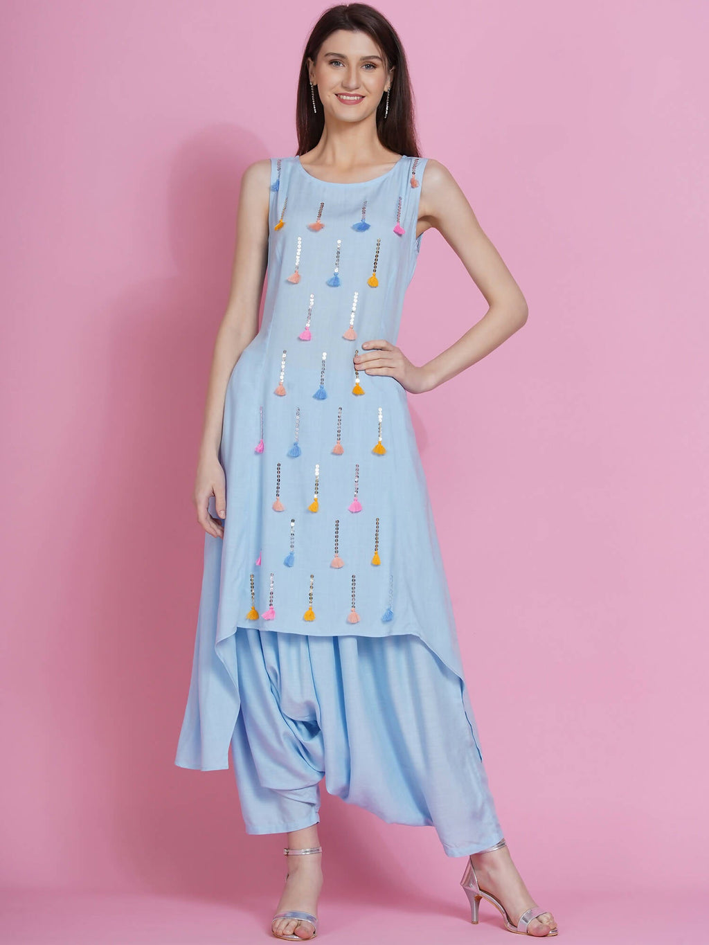 Women Republic Powder Blue Hand Embellished Kurta With Harem Pants | Grocsy