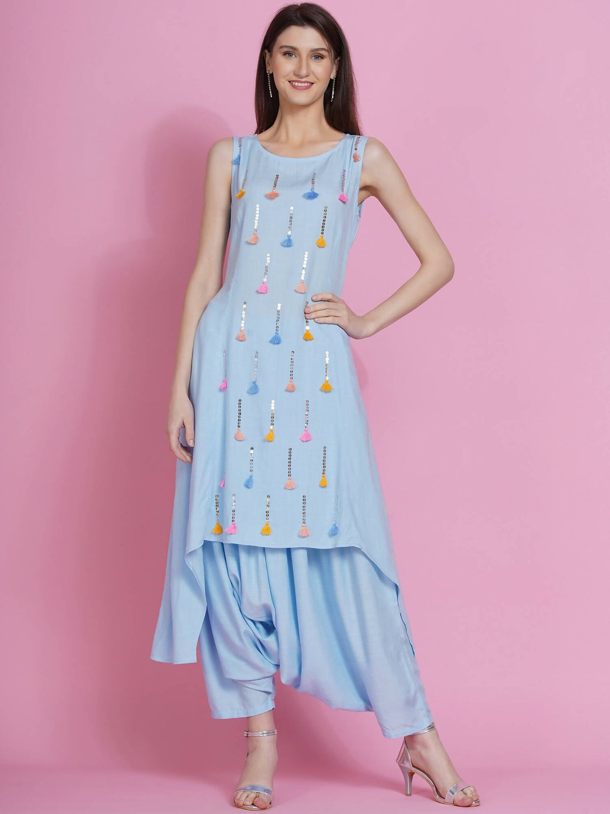 Women Republic Powder Blue Hand Embellished Kurta With Harem Pants | Grocsy