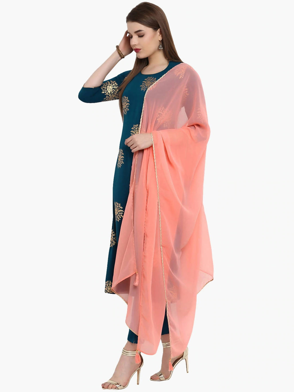 Janasya Women Flower Golden Foil Kurta Set with Dipped Hemline | Grocsy