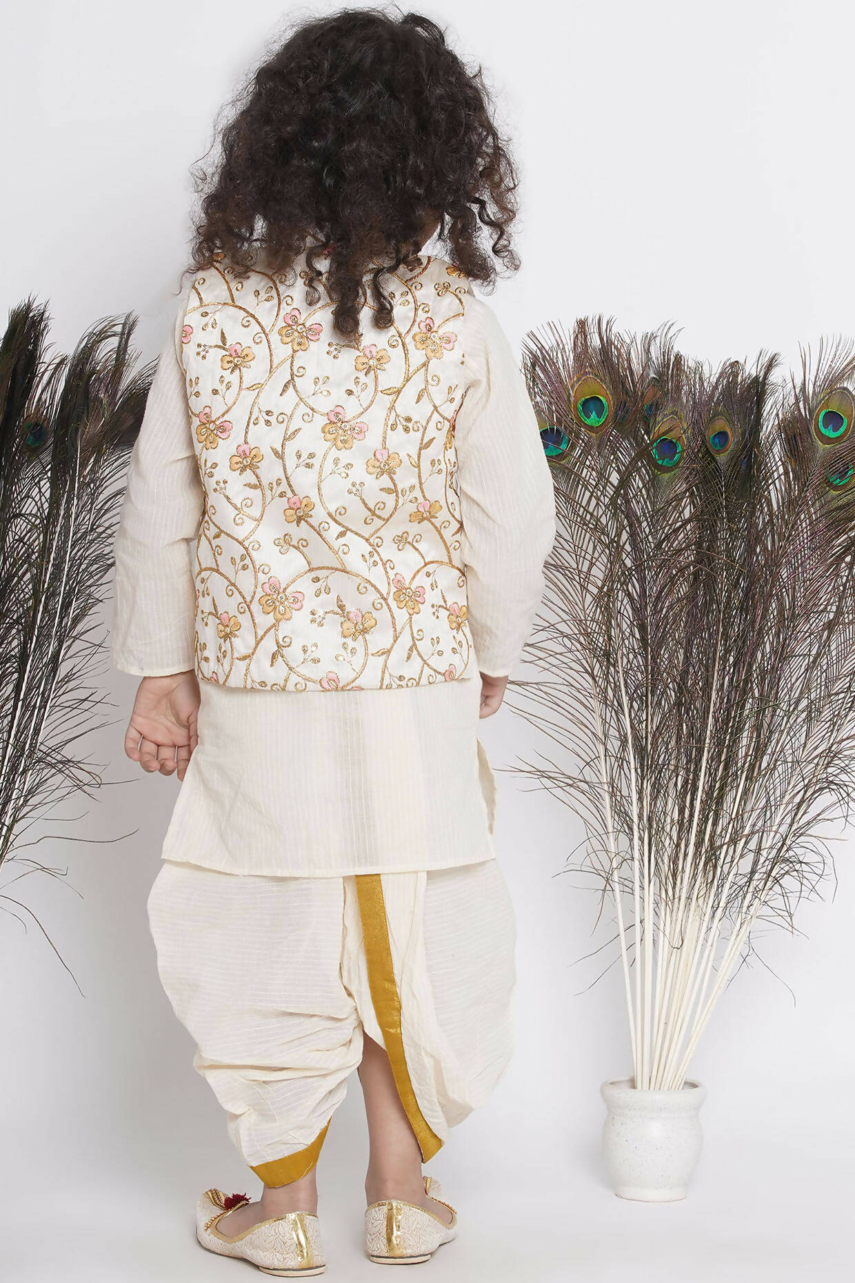 Little Bansi Banarsi Silk Orange Pink Floral Embroidery Jacket With Cotton Kantha kurta And Kantha Dhoti - Cream | Grocsy