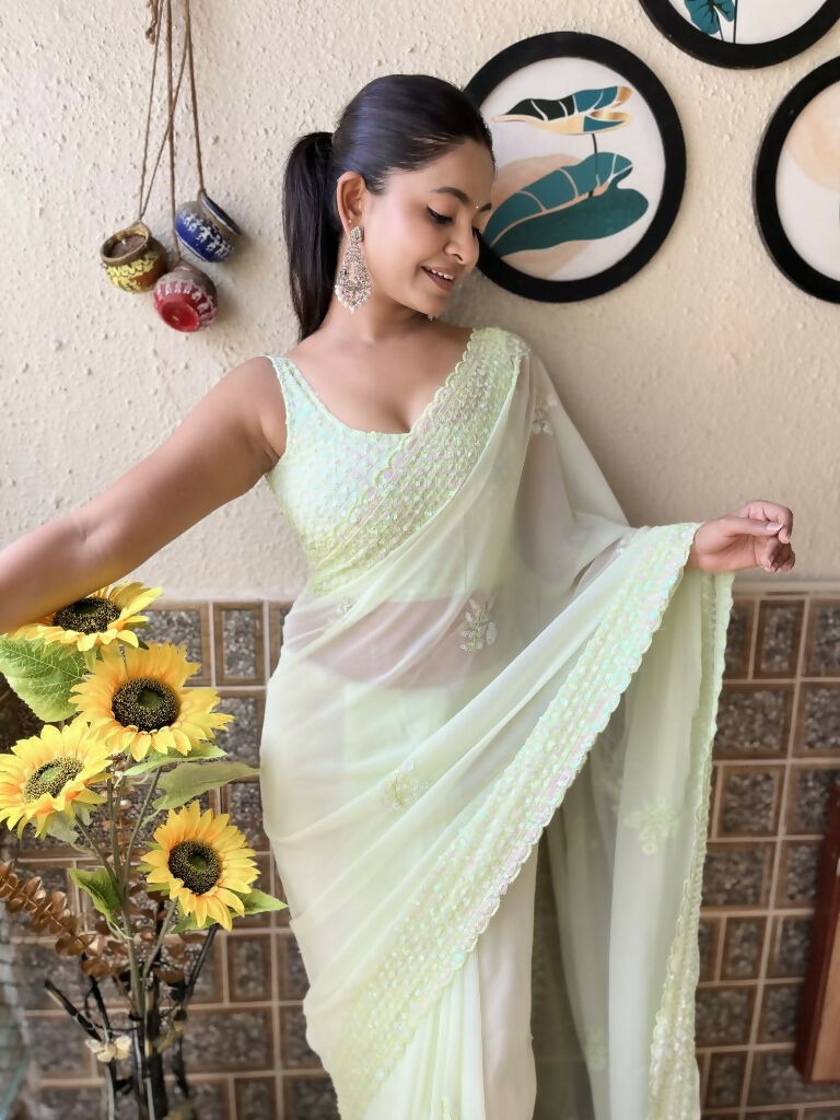 Green Georgette Sequence Embroidery Cut Work Saree - Saadia | Grocsy