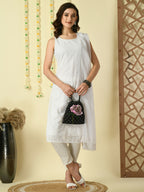 Myshka Women's White Georgette Sleeveless Straight Party Kurta With Dupatta Set | Grocsy