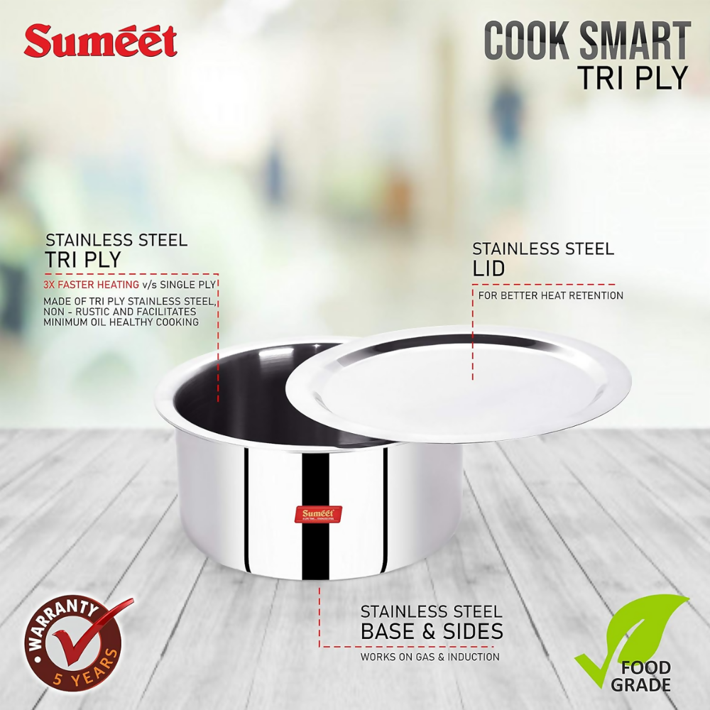 Sumeet Cook Smart TriPly Steel-Aluminium-Steel - 3 Layers Tope with Lid - 22 cm | Grocsy
