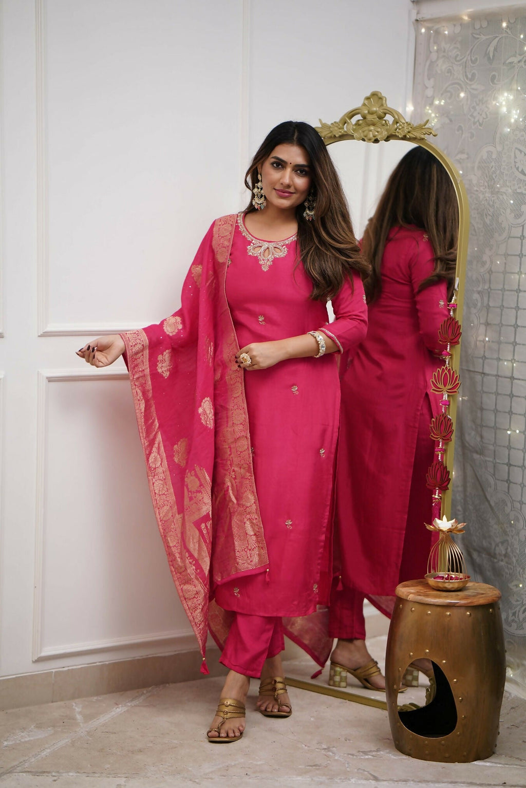 The52 Gajri Women's Gorgeous Embroidered Viscose Chanderi Fabric Straight Kurta Pant with Dupatta Set | Grocsy