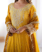 The52 Women's Beautiful Chinon silk Fabric Embroidery Work Straight Kurta Palazzo and Dupatta Set | Grocsy