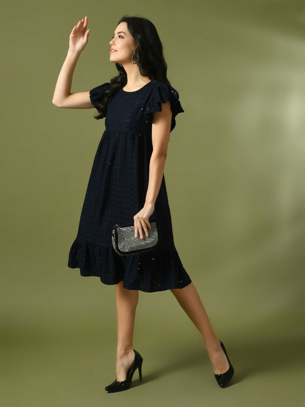 Myshka Women's Navy Blue Embroidered Cotton Round Neck A-Line Party Dress | Grocsy