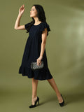 Myshka Women's Navy Blue Embroidered Cotton Round Neck A-Line Party Dress | Grocsy