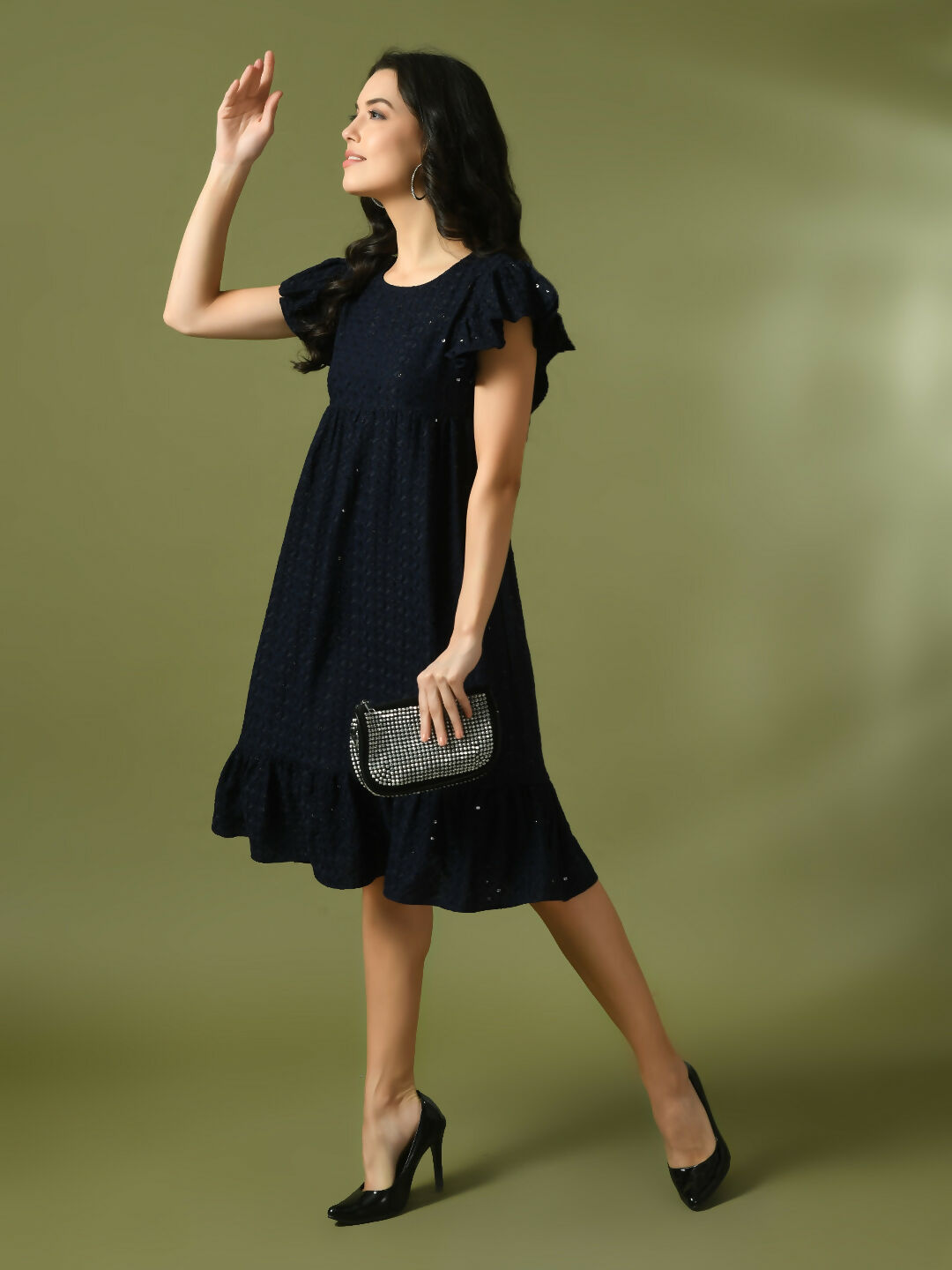 Myshka Women's Navy Blue Embroidered Cotton Round Neck A-Line Party Dress | Grocsy