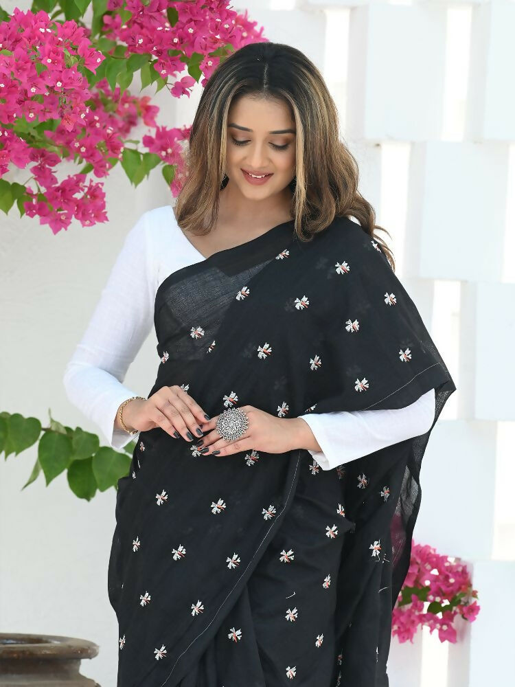Beatitude Black Khadi Floral Embroidered Saree | Grocsy