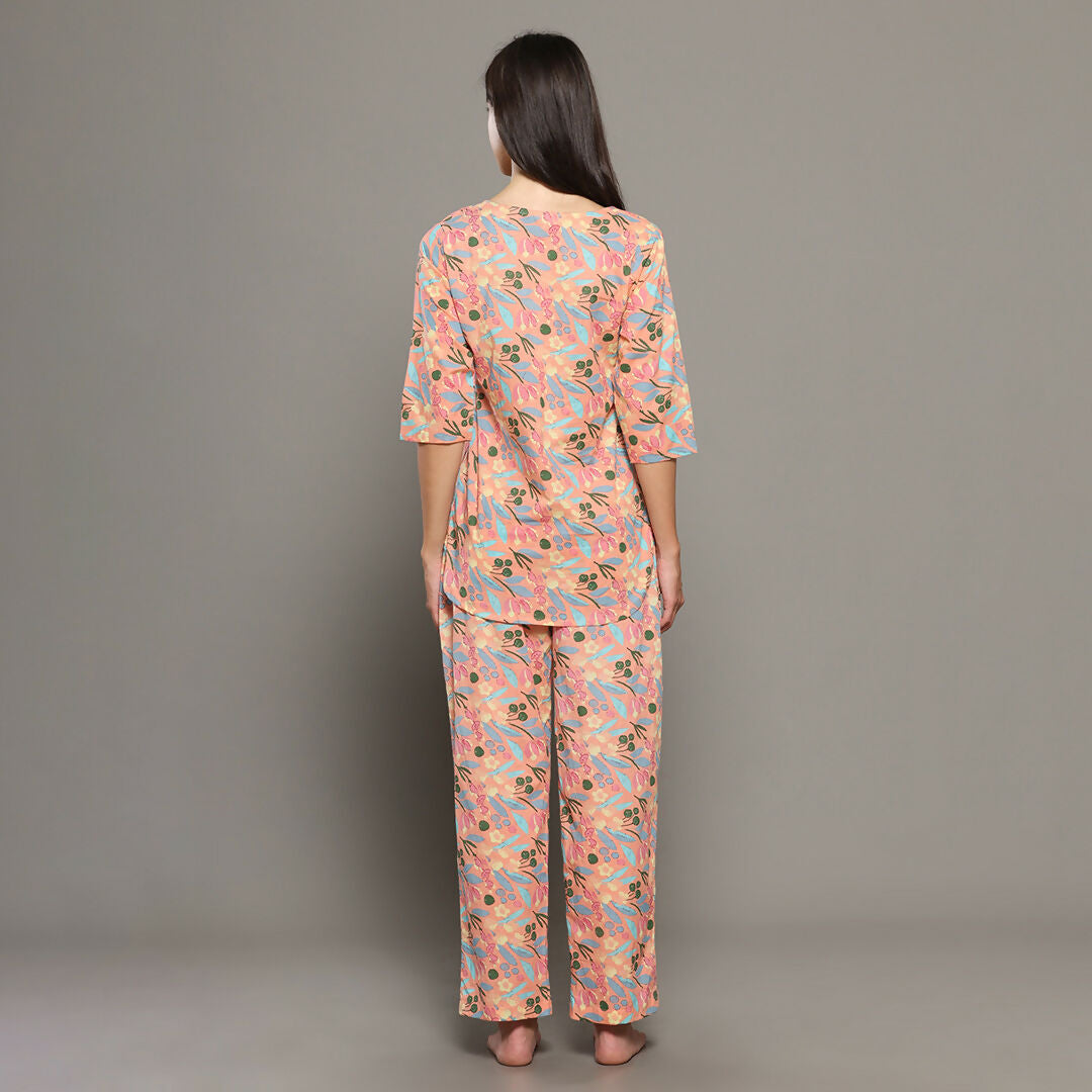 Breathables Women Cotton Printed Loungewear Kurta And Pants Co-Ord Set Peach I Night Wear | Floral Print | Grocsy