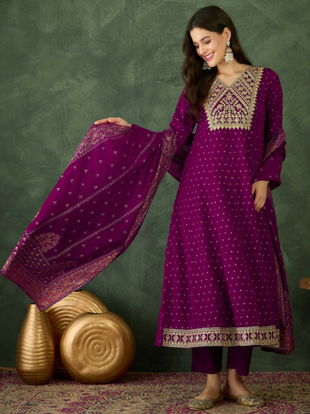 The52 Wine Women's Gorgeous Embroidered Work Vichitra Silk Fabric Flared Kurta Pant and Dupatta Set | Grocsy