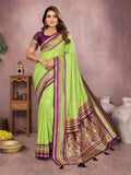 Aastha Fashion Parrot Green Kalamkari Silk Weaving Saree | Grocsy