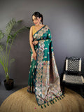 Joban Fashion Meenakari Teal Green Woven Soft Silk Saree | Grocsy
