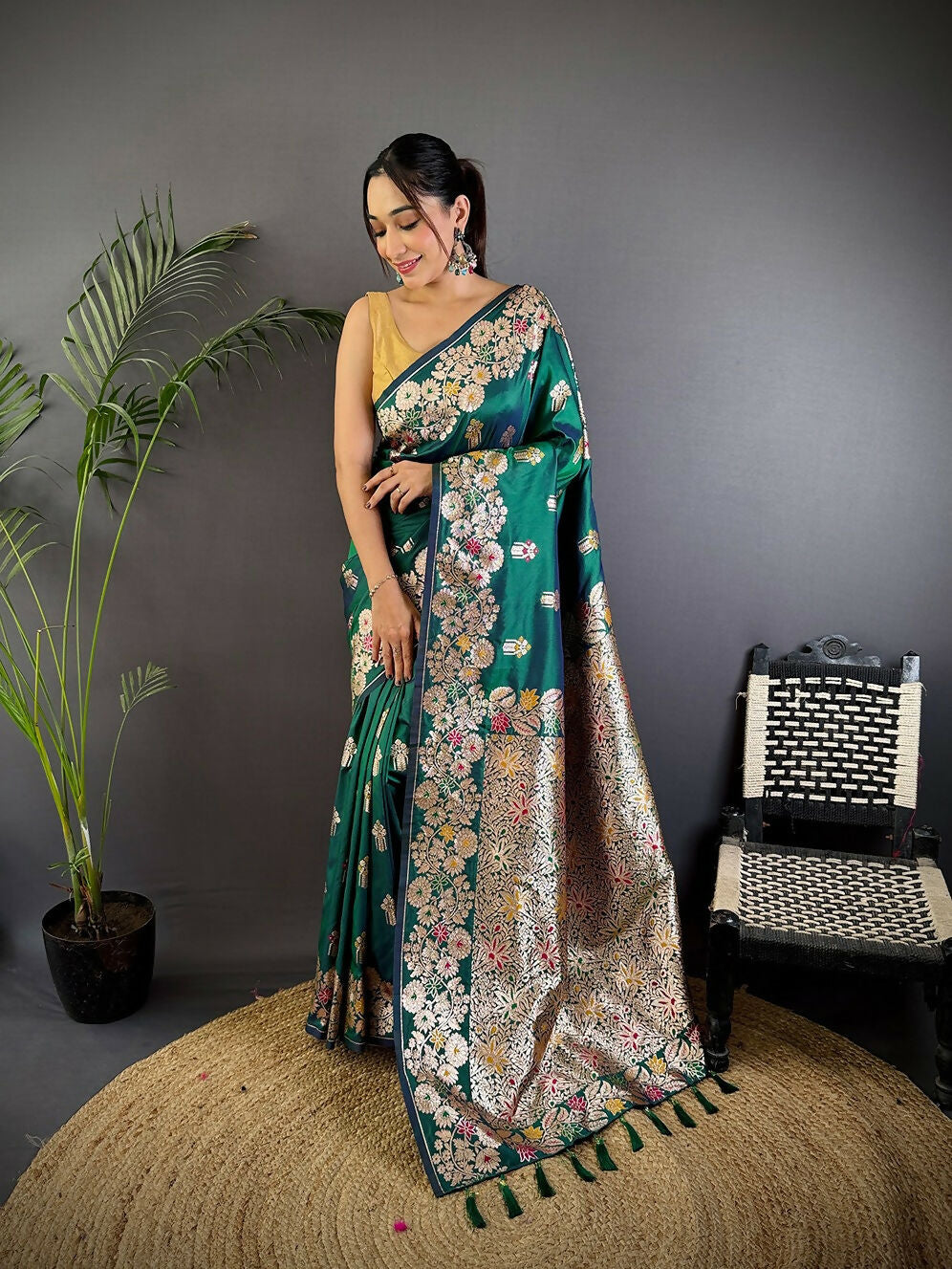 Joban Fashion Meenakari Teal Green Woven Soft Silk Saree | Grocsy