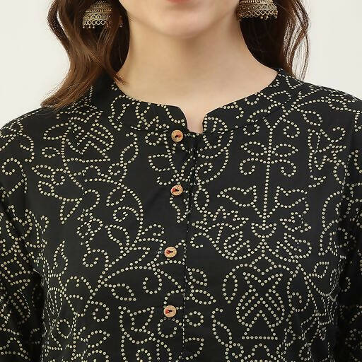 FIORRA Women's Black Printed Flared Cotton Kurta | Grocsy
