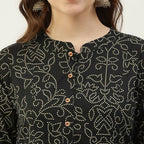 FIORRA Women's Black Printed Flared Cotton Kurta | Grocsy
