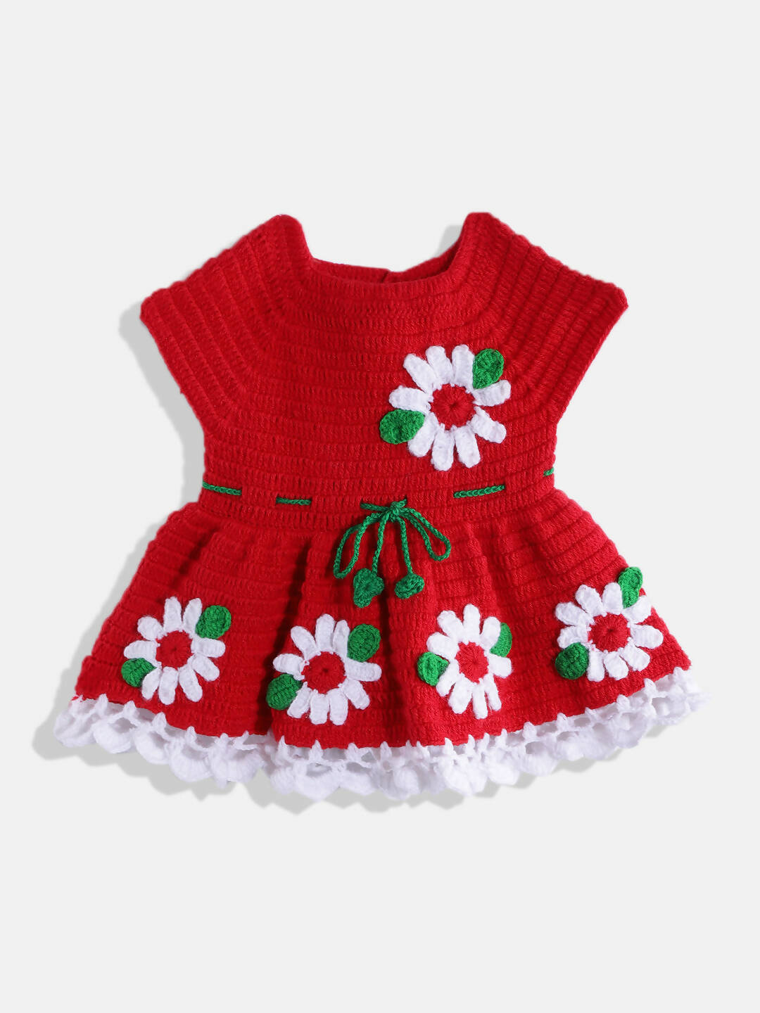 Chutput Kids Woollen Hand Knitted Short Sleeves Flower Detail Dress For Baby Girls - Red | Grocsy
