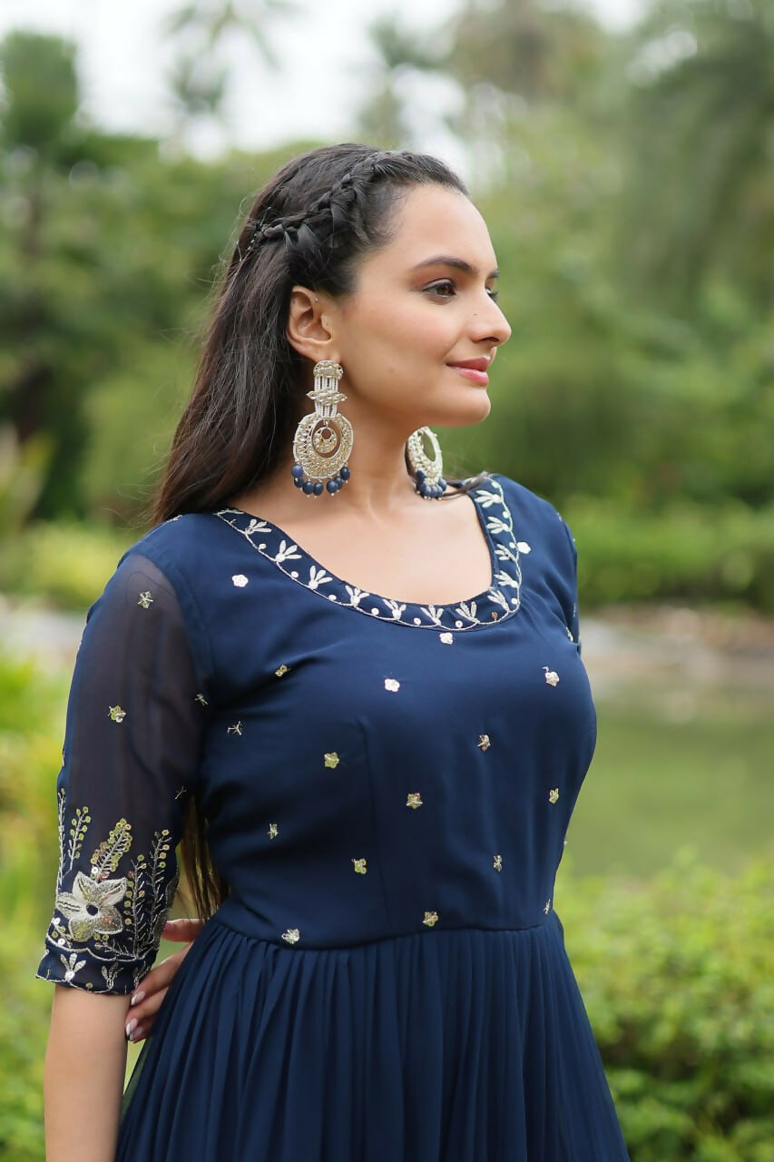 Vastranavya Premium Designer Faux Blooming with Embroidery Zari Sequins work Gown - Navy Blue | Grocsy