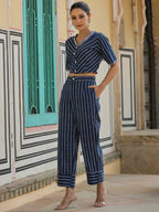 Juniper Navy blue Striped Printed cotton flex Crop Top & Pants Set With Thread Work | Grocsy