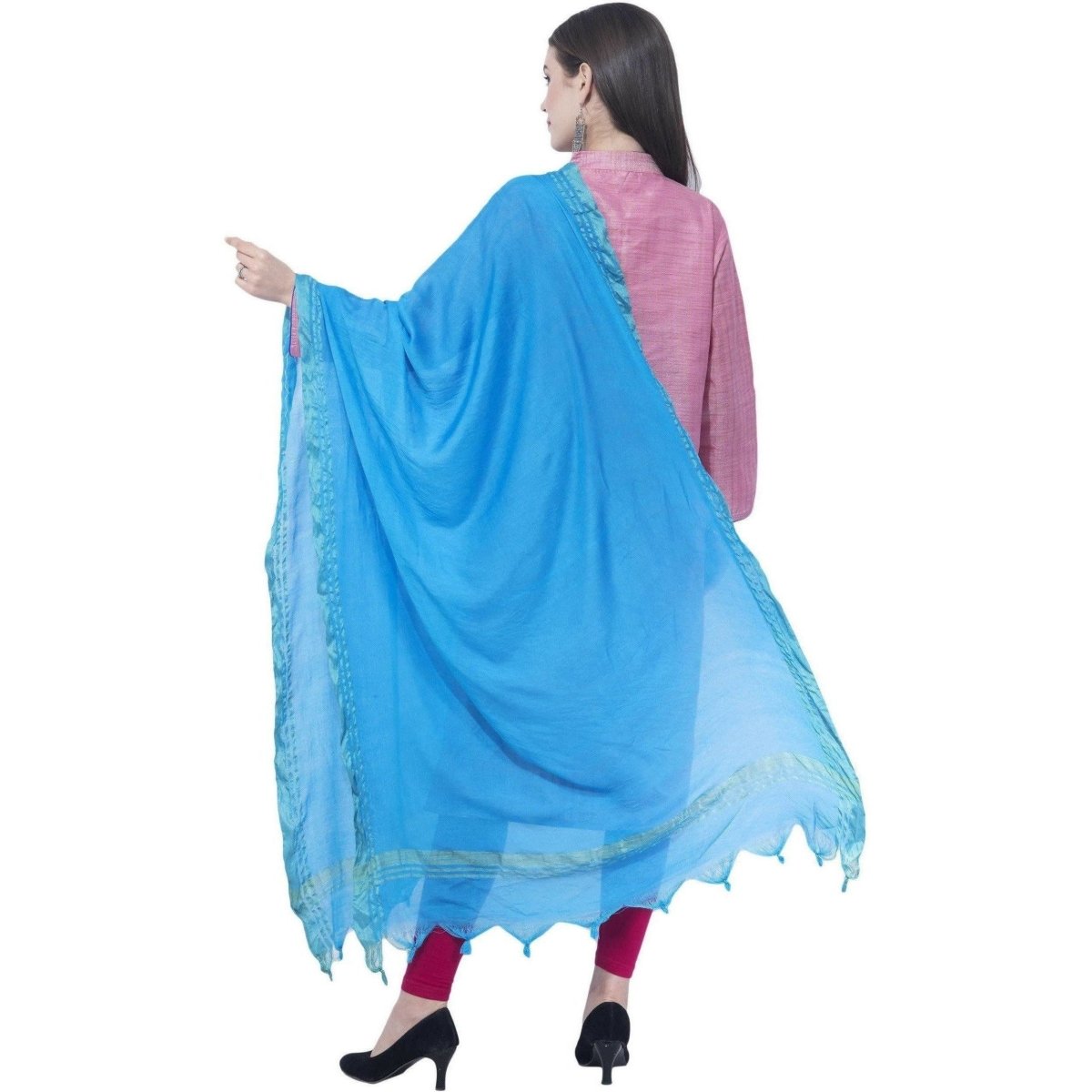 A R Silk Dark Sky Blue Color Golden Border Cotton Dupatta | Grocsy