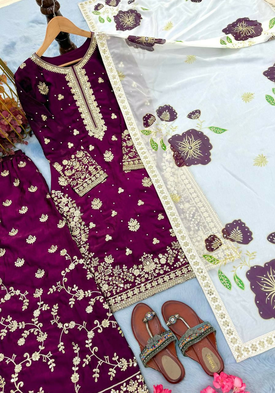 Teeya Creation Wine Fendy Silk Beads Work Designer Wedding Wear Salwar Suit | Grocsy