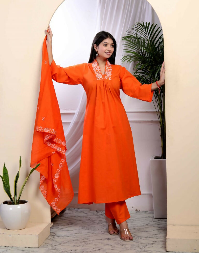 Miravan Women's Orange Cotton Embroidered A-Line Kurta And Palazzo With Dupatta Set | Grocsy
