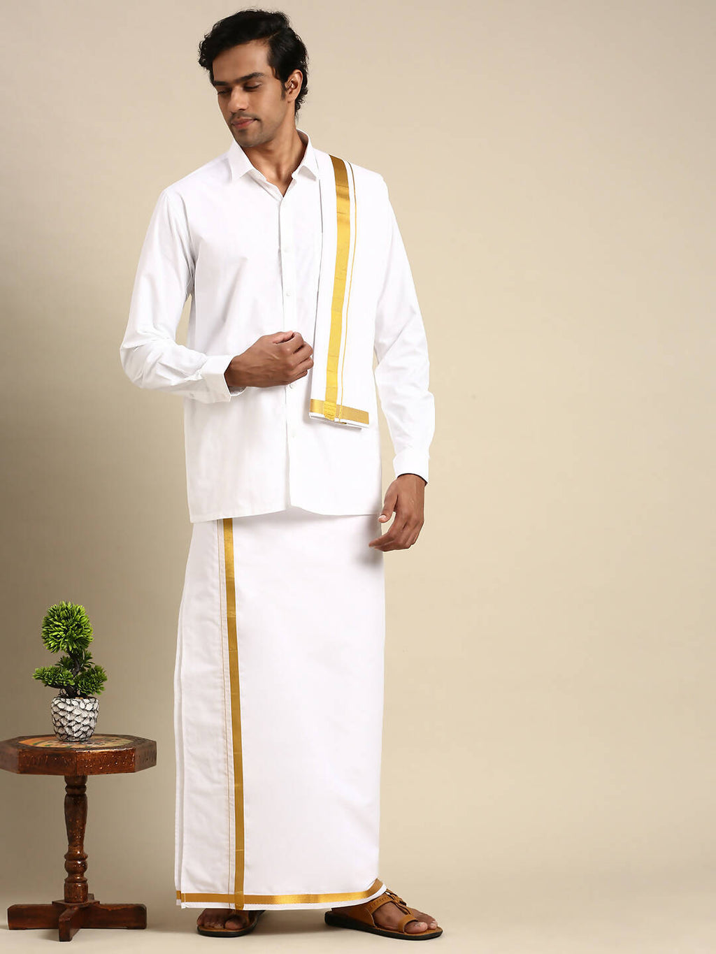 Ramraj Cotton Mens Wedding Set White Regular Dhoti, Shirt & Towel | Grocsy